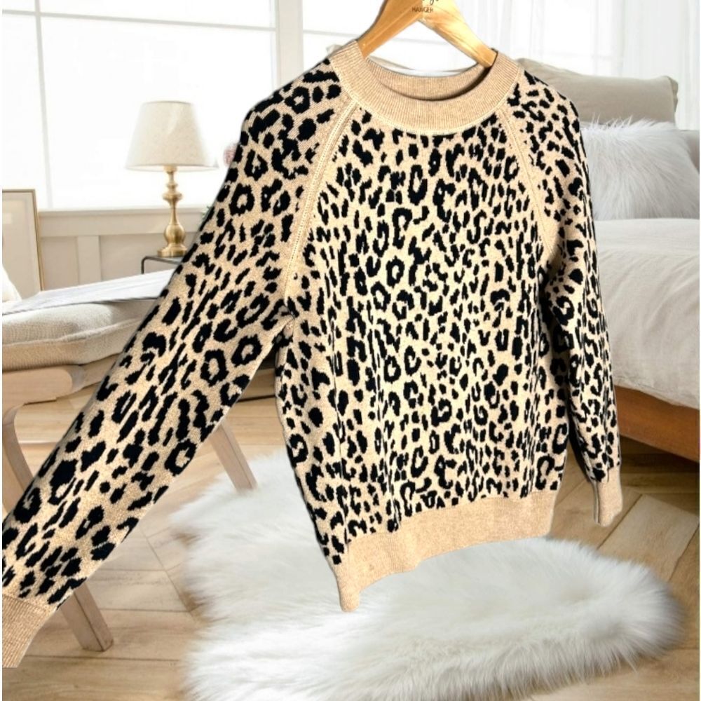 J. CREW MERINO WOOL LEOPARD CHEETAH ANIMAL PRINT KNIT SWEATER CREWNECK XS - Picture 5 of 9